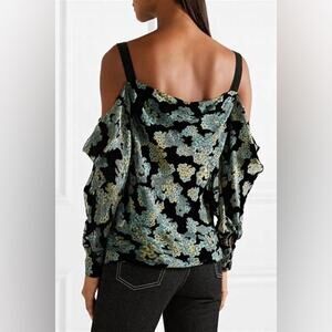 Saloni Becky Green & Black Silk Cold Shoulder Long Sleeve Floral Blouse Size 2